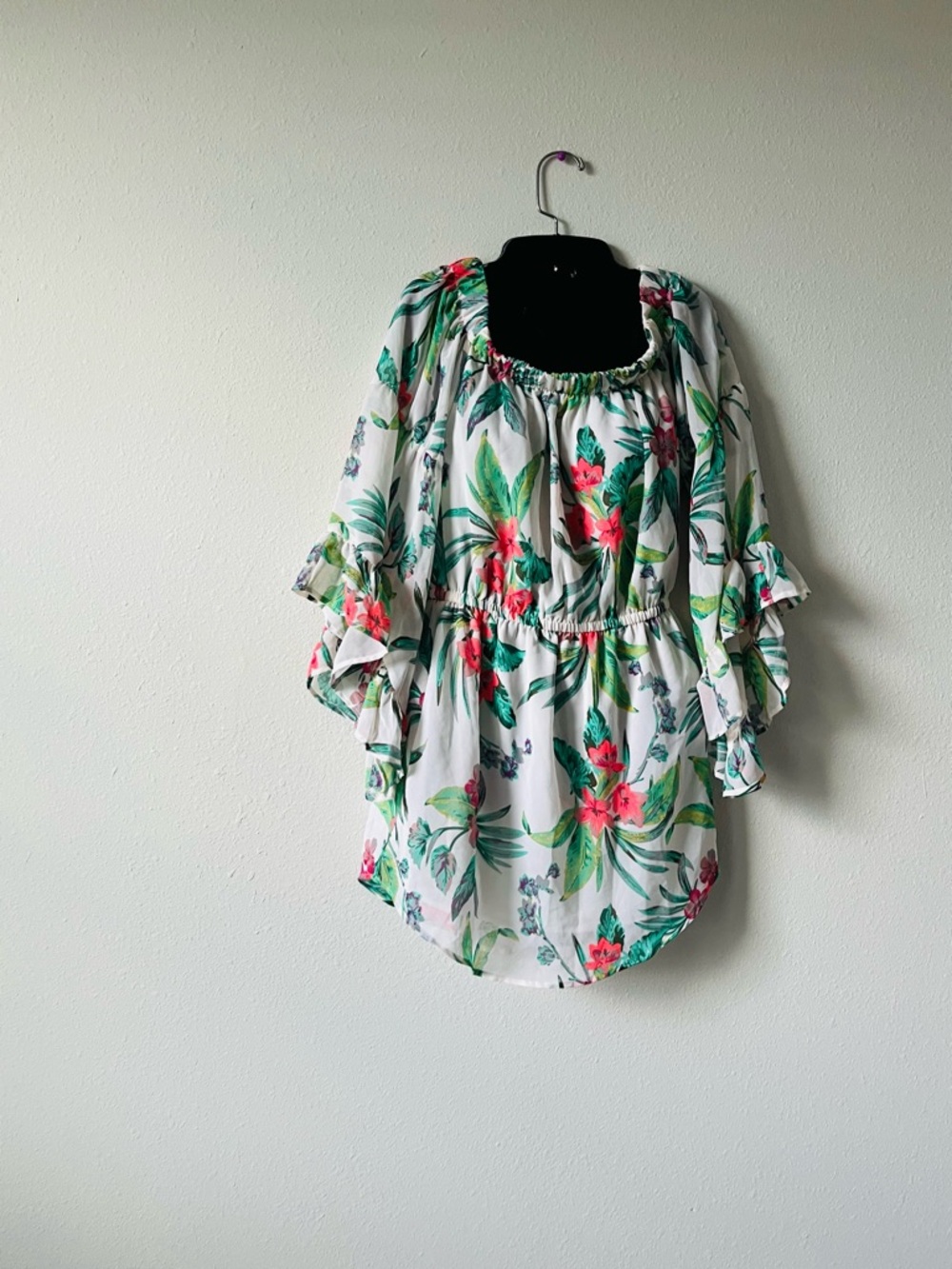 Floral Off-Shoulder Midi Dress in White with Green & Pink Tropical Print